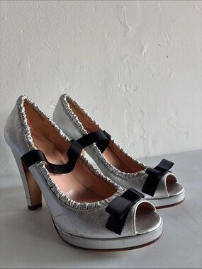 Marc Jacobs Silver Peep-Toe Heels with Black Bow Accent